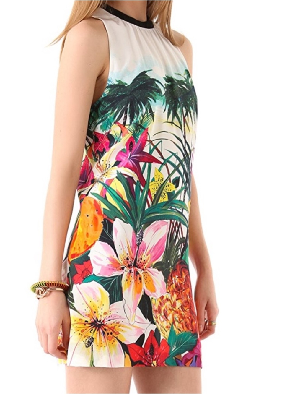 Sleeveless Tropical Floral Shift Dress - White Multicolor